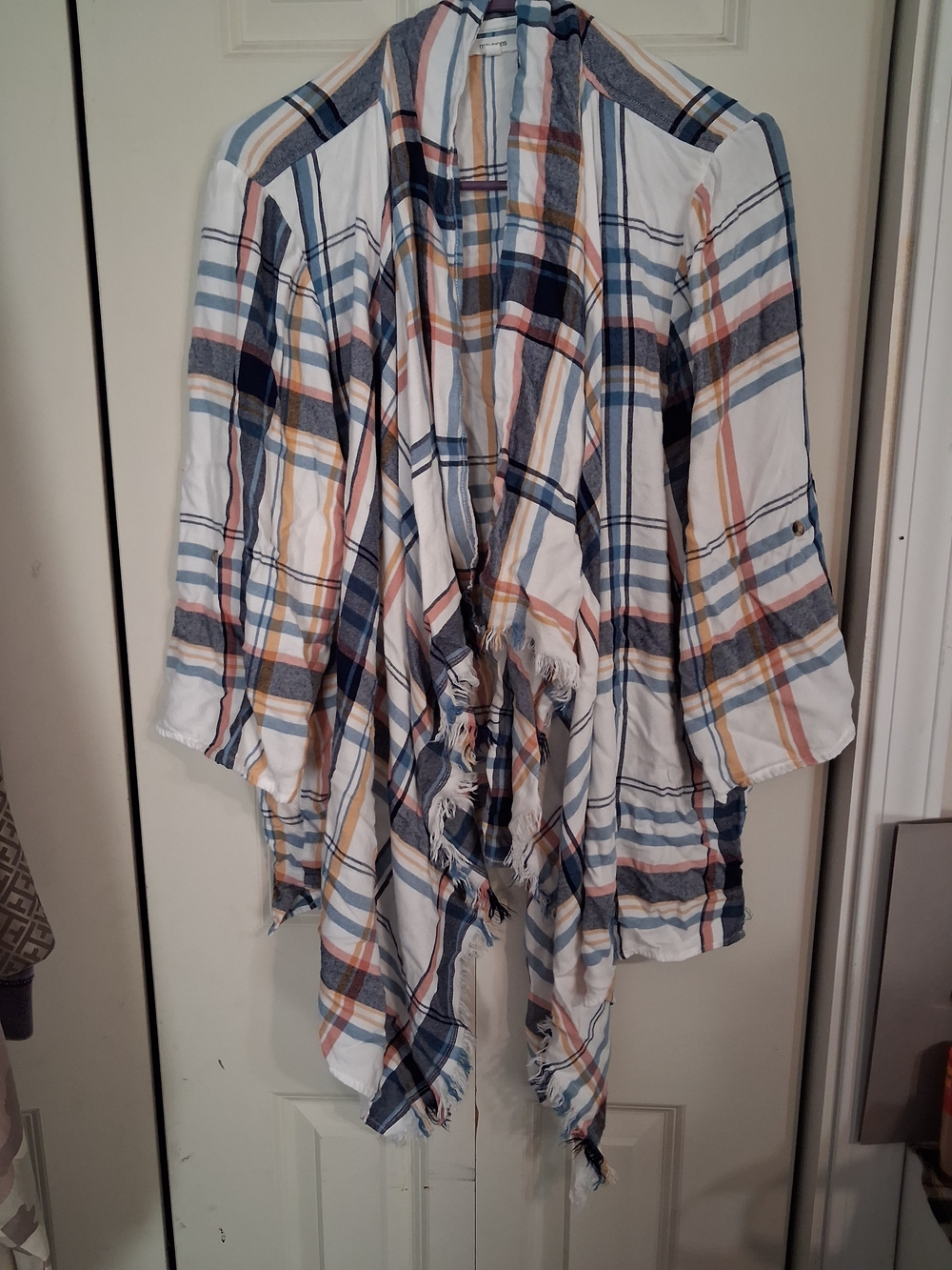 Maurices White Plaid Open-Front Fringe Poncho with Blue and Tan Stripes